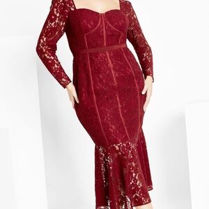 City Chic Burgundy Lace Long Sleeve Dress